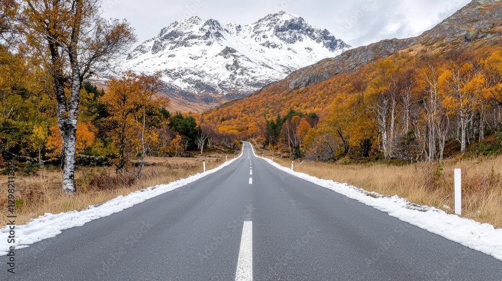 Fototapeta premium Mountain road autumn snow, a scenic drive, leading to peaks