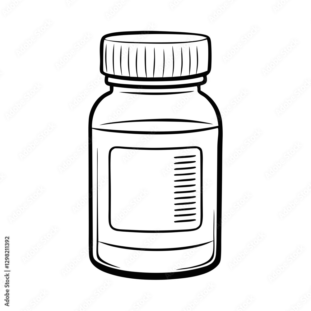 Minimalist line drawing of a glass jar or bottle with a lid, empty and labeled, suitable for storage Minimalist line drawing of a glass jar or bottle with a lid, empty and labeled, suitable for storage