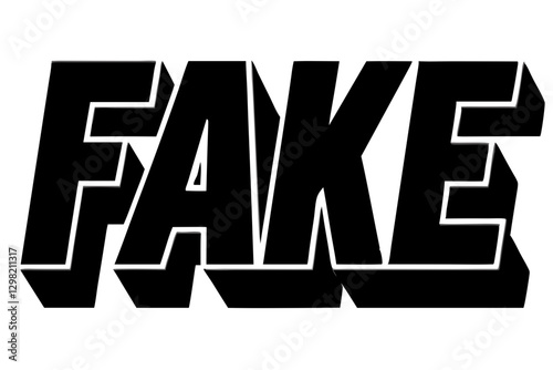 Bold 3D "FAKE" graphic design, emphasizing counterfeiting and authenticity on white background