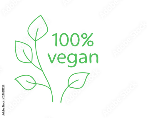 Minimalist "100% vegan" logo with leaves, green line drawing on white background