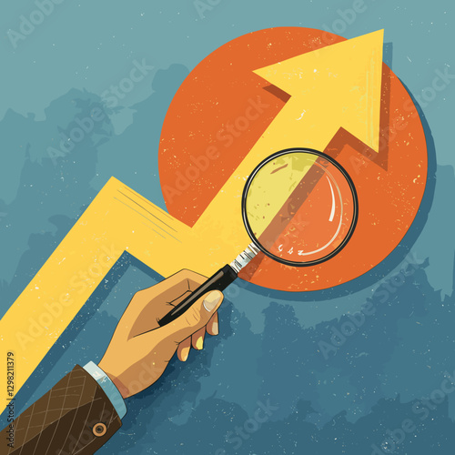 Colorful illustration of a hand with a magnifying glass examining a rising arrow graph, symbolizing growth and analysis