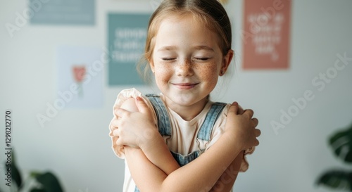 Young girl with freckles hugging herself, eyes closed, posters in background