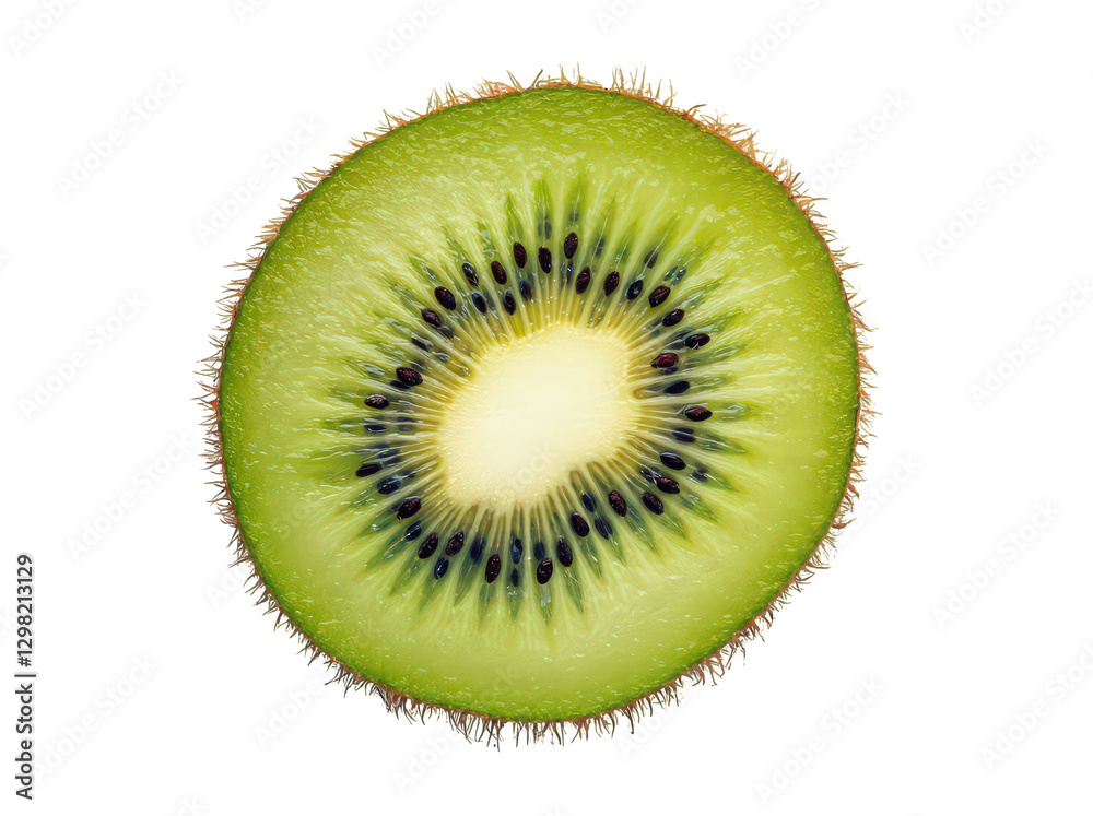 Freshly Sliced Kiwi Fruit Showcasing Its Vibrant Green Interior Isolated on a white background Freshly Sliced Kiwi Fruit Showcasing Its Vibrant Green Interior Isolated on a white background