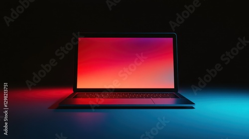 A vibrant image of a sleek laptop computer displaying a striking red and blue screen. The device is open on a modern desk, showcasing its elegant design and high-resolution display.