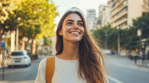 Smiling young woman enjoying city stroll during sunny day