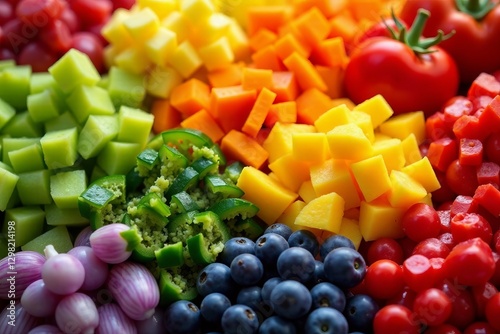 Assortment of chopped vegetables in rainbow colors arranged in circles, organic, broccoli