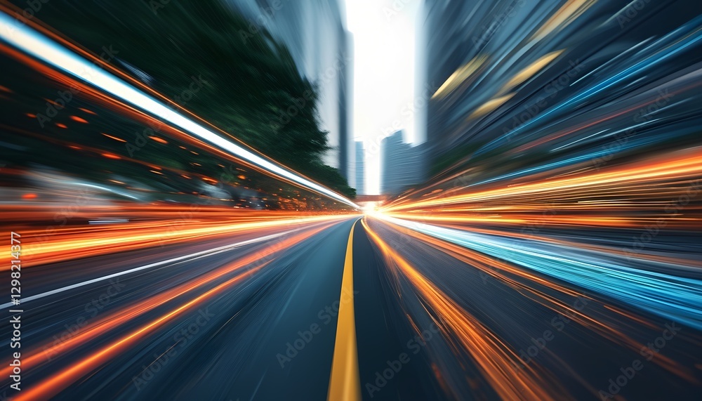 Obraz premium Dynamic urban motion vibrant light trails on city streets at dusk transport photography fast-paced environment low angle view