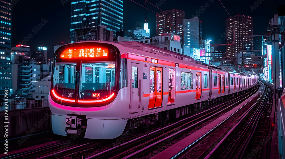 Fototapeta premium Neon-lit train speeding through vibrant city night