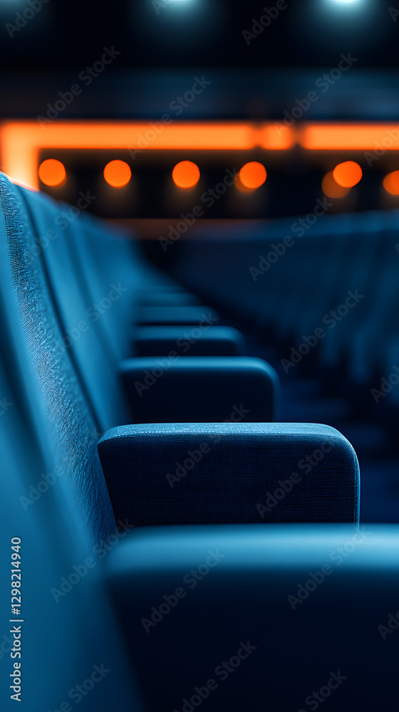 Fototapeta premium A large cinema hall with blue seats, illuminated by bright lights 