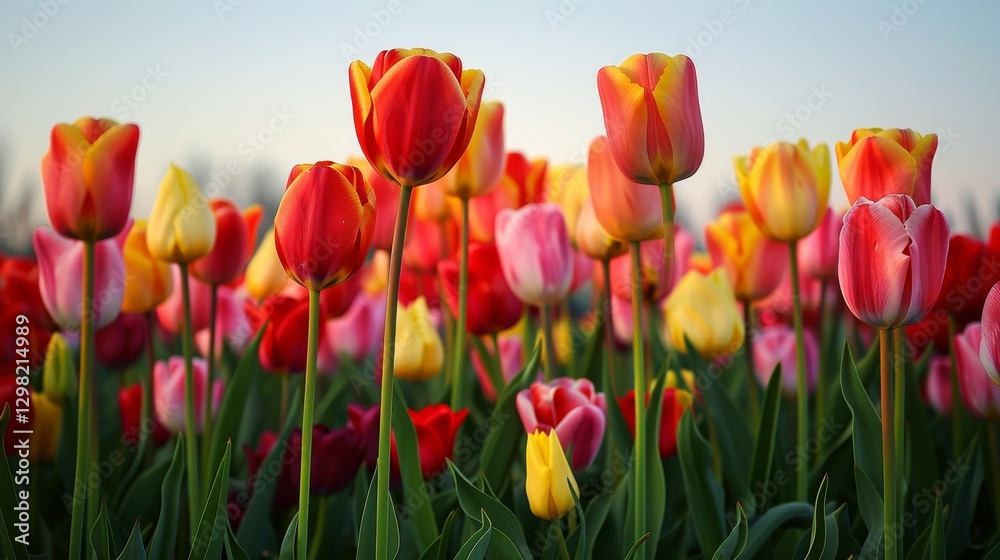 Vibrant tulip field featuring rows of red, yellow, and pink blooms beneath a clear blue sky Vibrant tulip field featuring rows of red, yellow, and pink blooms beneath a clear blue sky