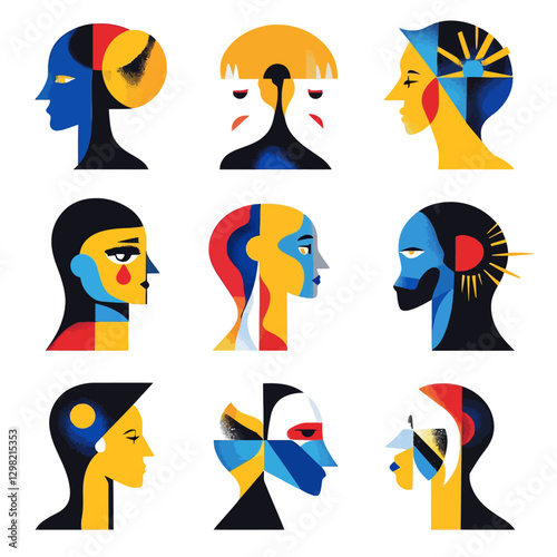 Abstract Faces Art Illustration, Geometric Human Heads, Diversity Concept
