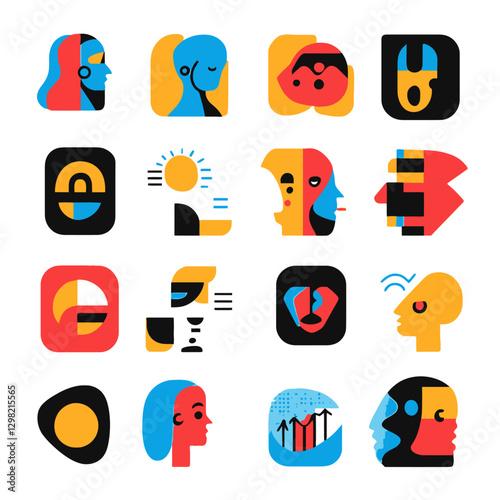 Abstract Faces Art, Colorful Geometric Portrait Illustrations on White