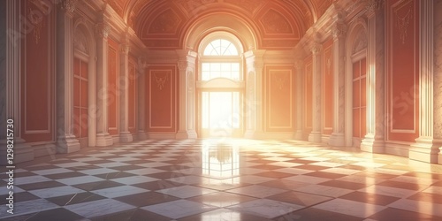 A stunning interior space with majestic columns and warm sunlight illuminating the elegant checkered floor.