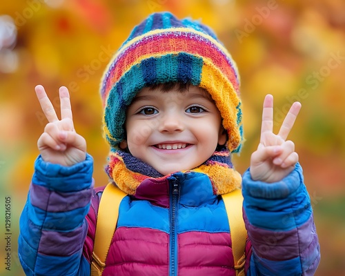 Happy child peace sign autumn park