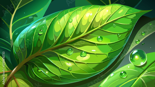 A vibrant green leaf, close-up macro photography showcasing a glistening dewdrop; high-resolution stock photo.