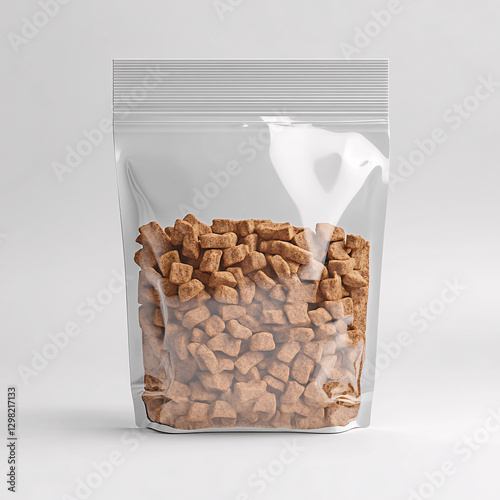 Pet food packaging product showcase kitchen environment transparent bag marketing concept