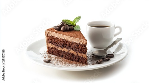 coffee cake with coffee latte on a modern plate on white background 