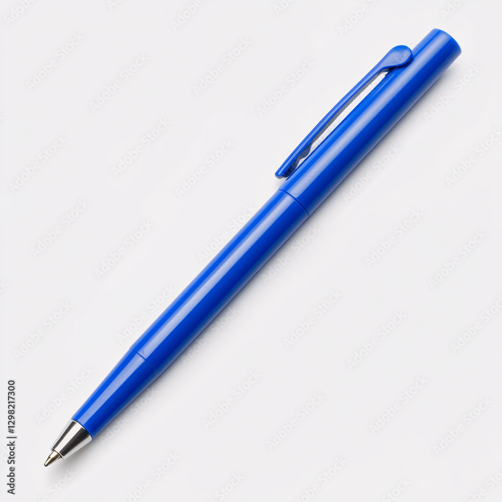 Writing action with blue pen on white background office environment close-up view for productivity concept