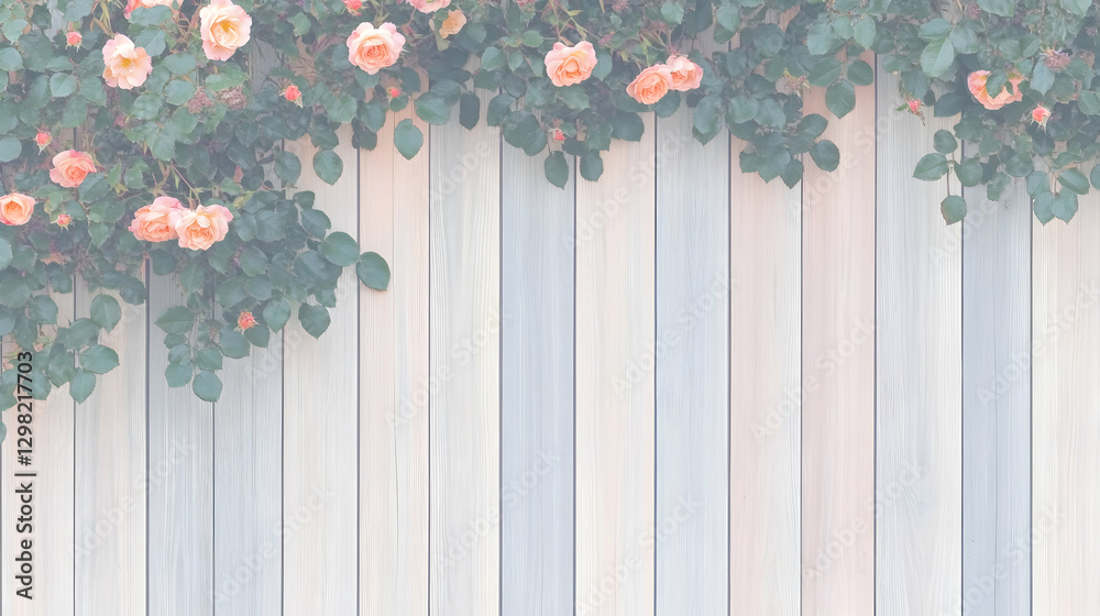 Obraz premium Peach roses climbing pastel wooden fence