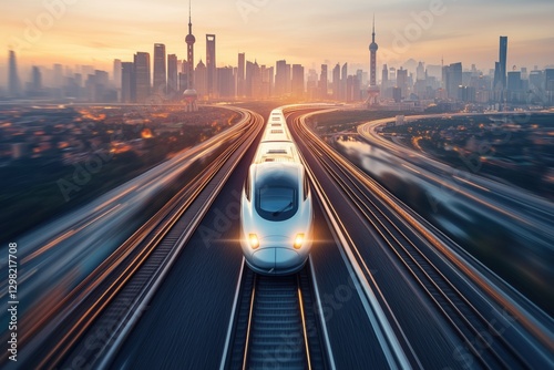 High-speed trains racing towards the vibrant skyline of shanghai at sunset, highlighting the essence of modern transportation and seamless connectivity in an urban landscape