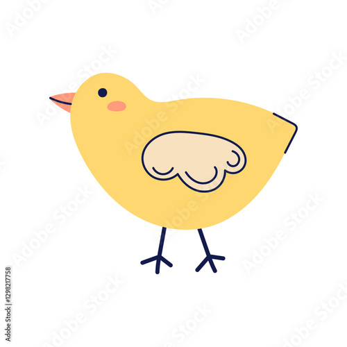 Cute yellow chick walks to the side. Happy Easter hand drawn card. Flat illustration with partial outline. Isolated vector illustration.