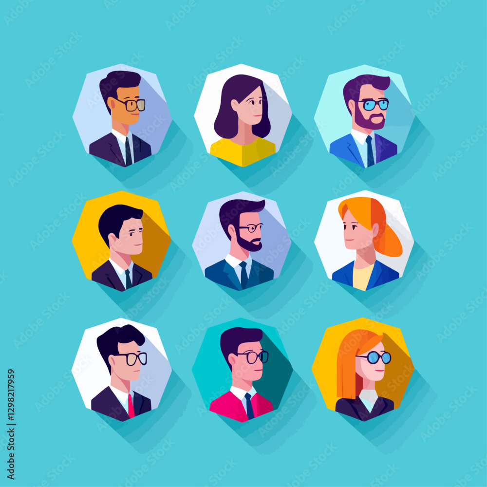 Diverse team of professional avatars in stylish hexagonal frames