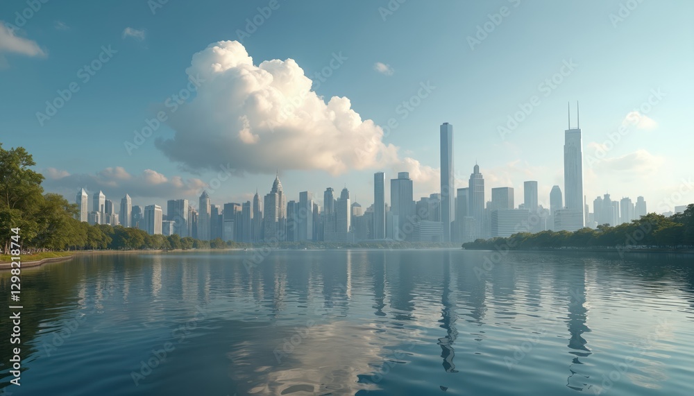 Fototapeta premium City skyline reflected in calm water. Tall buildings, skyscrapers dominate urban landscape. Green trees line waterfront. White clouds float in blue sky. Serene cityscape with modern architecture