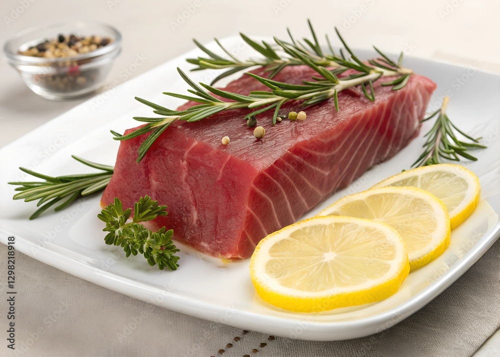 Elegant raw tuna steak garnished with rosemary and lemon slices Elegant raw tuna steak garnished with rosemary and lemon slices