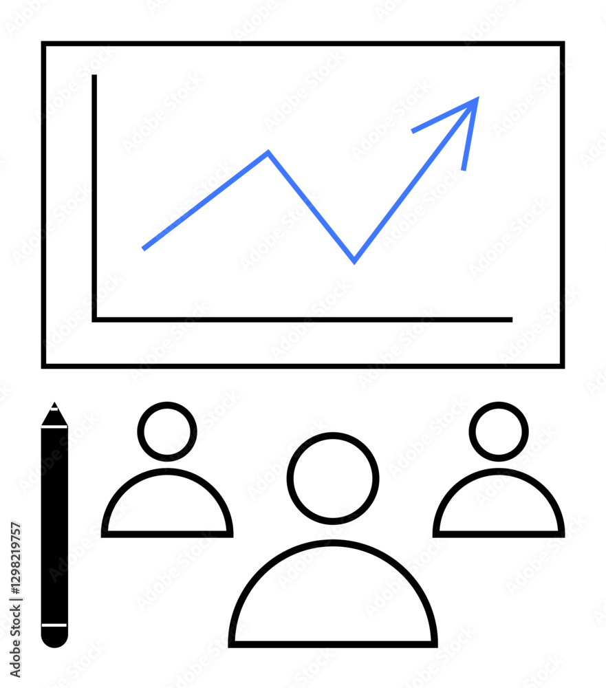 Three people observing a rising graph on a whiteboard, accompanied by a pen. Ideal for teamwork, strategy, business growth, education, leadership, presentation, abstract line flat metaphor Three people observing a rising graph on a whiteboard, accompanied by a pen. Ideal for teamwork, strategy, business growth, education, leadership, presentation, abstract line flat metaphor