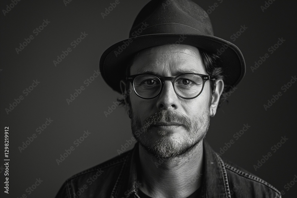 A contemplative middle-aged Caucasian man with glasses and a hat, showcasing a serious expression in a monochromatic setting. A contemplative middle-aged Caucasian man with glasses and a hat, showcasing a serious expression in a monochromatic setting.