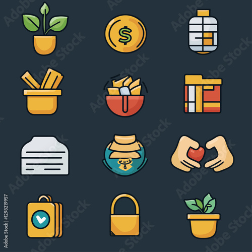 Financial Growth and Security Icons: Investments, Savings, and Wellbeing