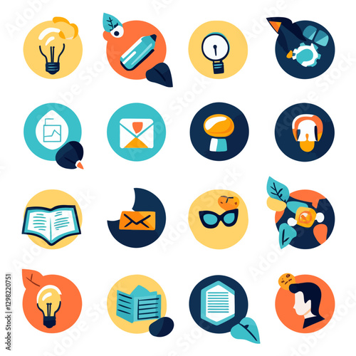 Vector art shows lightbulbs, emails, notebooks, and more business icons