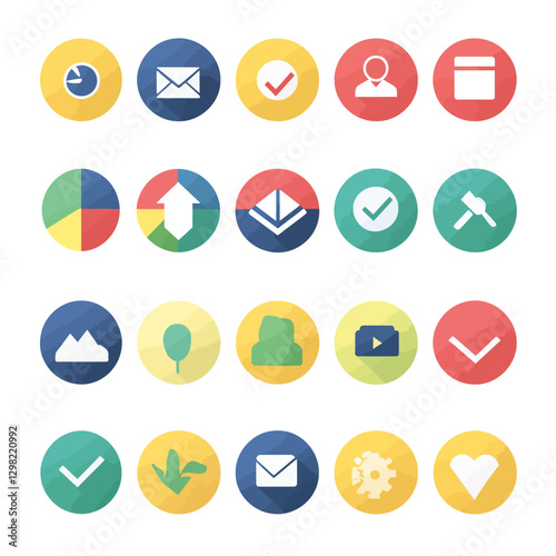 Flat Design Icon Set with Various Symbols and Colorful Round Buttons