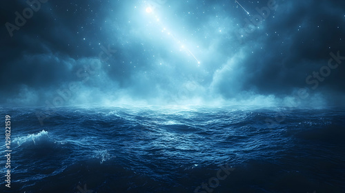 Shooting star over stormy ocean at night