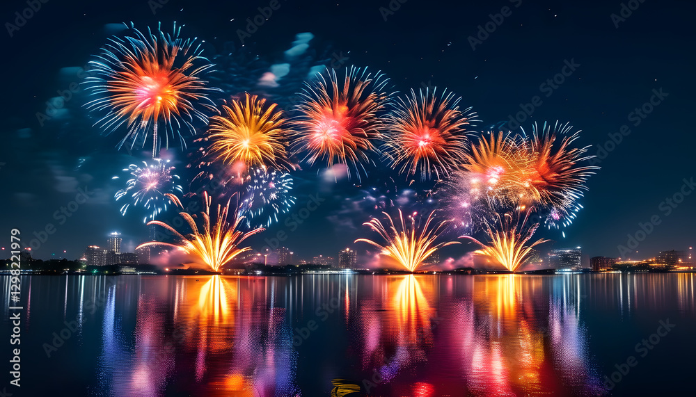 Spectacular fireworks festival over city lake nighttime celebration vibrant reflections joyful atmosphere Spectacular fireworks festival over city lake nighttime celebration vibrant reflections joyful atmosphere
