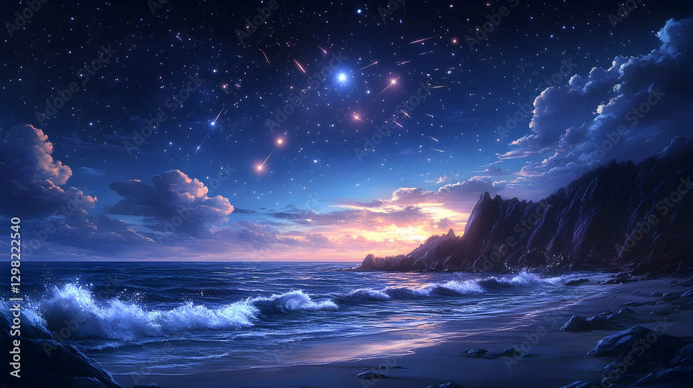 Fototapeta premium Starry Night Seascape Coastal Sunset with Shooting Stars