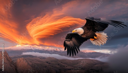 Majestic Bald Eagle Soaring Above Dramatic Sunset Mountains