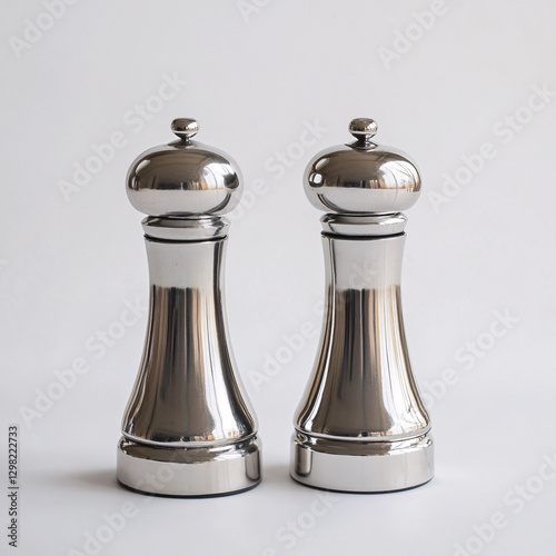 Elegant silver salt and pepper shakers minimalistic kitchen decor modern style studio setting artistic perspective