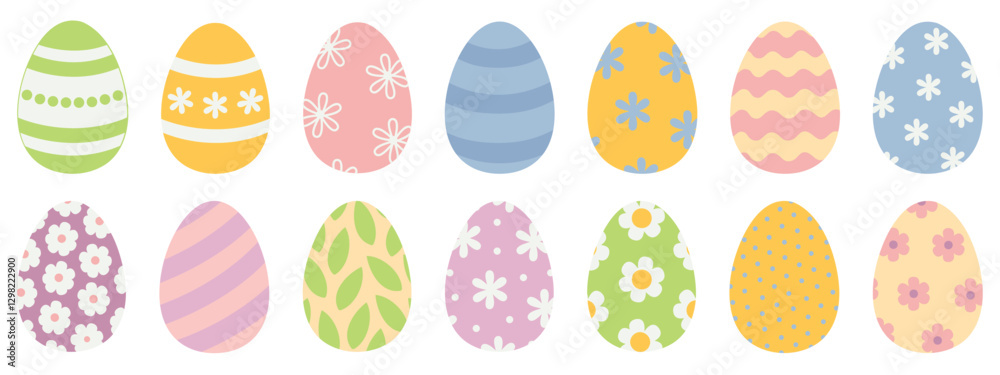 Set of colorful Easter eggs with different pattern. Happy Easter eggs collection in colorful and multicolored coloring art for traditional hunting holiday. Flat vector illustration isolated on white Set of colorful Easter eggs with different pattern. Happy Easter eggs collection in colorful and multicolored coloring art for traditional hunting holiday. Flat vector illustration isolated on white