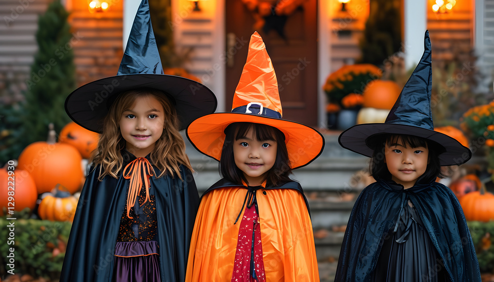 Obraz premium Halloween festival fun enchanting costumes and decorations in a festive neighborhood setting