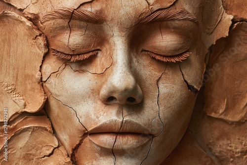 Close-up of a serene female face partially cracked and textured like clay; a blend of beauty and imperfection.