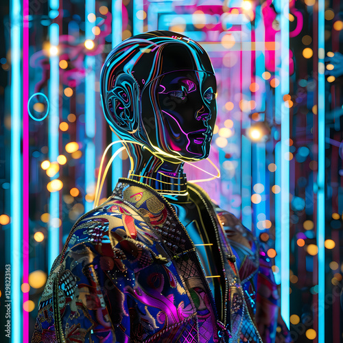 sophisticated humanoid robot, adorned in vibrant, luxurious outfit, radiates confidence and futuristic elegance in dazzling display