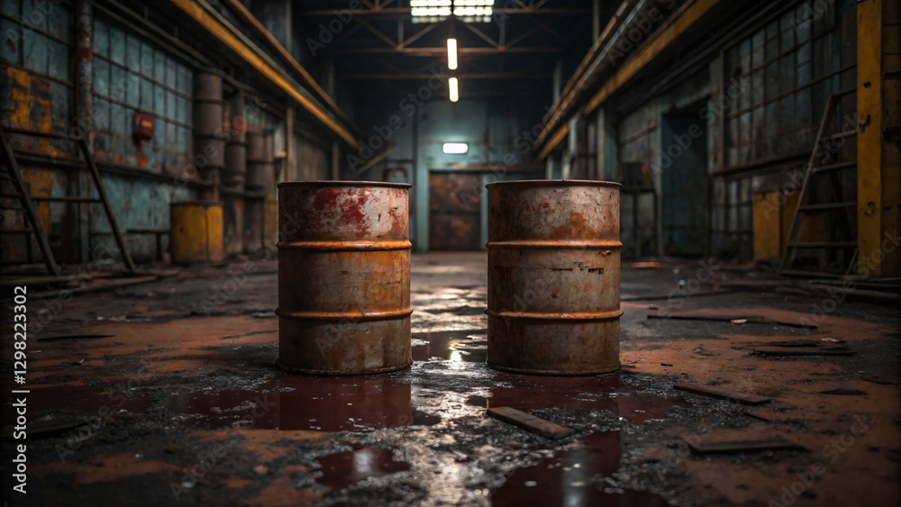 Rusty Metal Drums in Abandoned Industrial Warehouse with Grungy Floor Rusty Metal Drums in Abandoned Industrial Warehouse with Grungy Floor