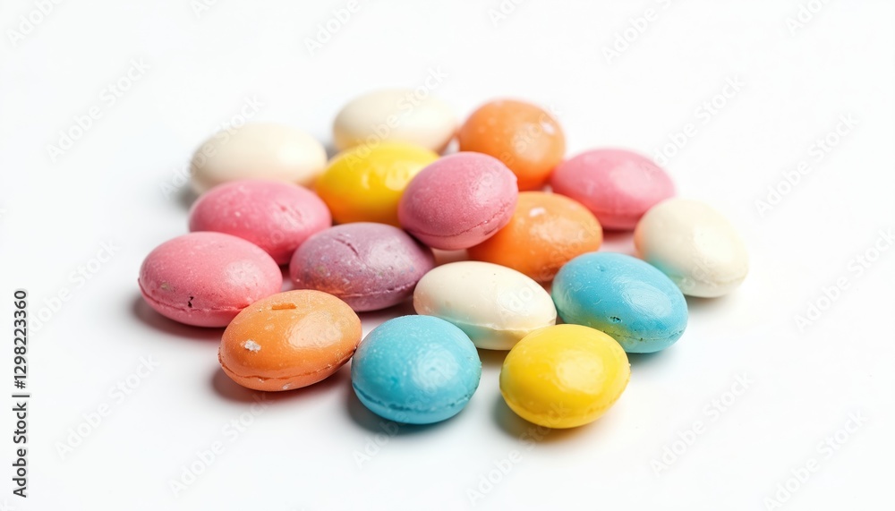 Pile of multicolored round candies isolated on white background. Mix of orange, pink, purple, blue, yellow, white sweets. Sugar dessert for children. Assorted tasty confectionery for birthday party, Pile of multicolored round candies isolated on white background. Mix of orange, pink, purple, blue, yellow, white sweets. Sugar dessert for children. Assorted tasty confectionery for birthday party,