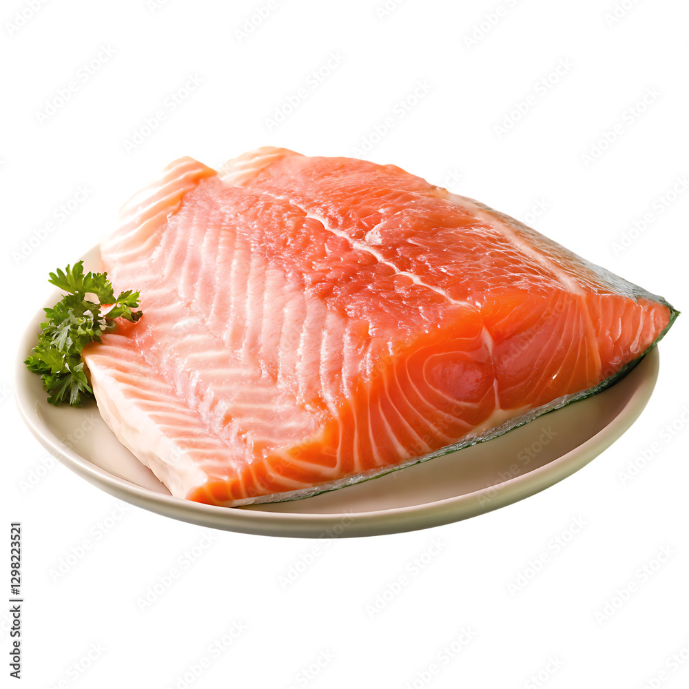 fresh raw salmon fillet on a plate isolated on white background.png fresh raw salmon fillet on a plate isolated on white background.png