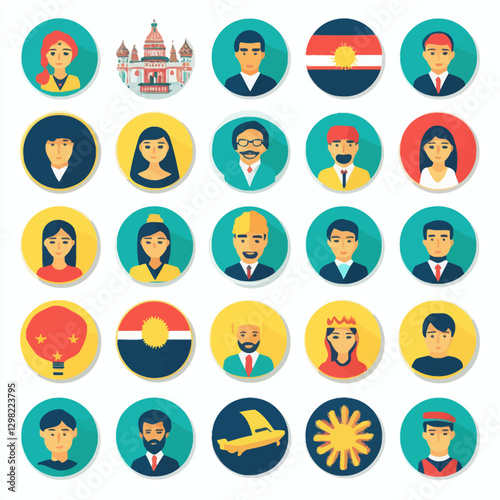 Diverse cultural avatar collection featuring people, flags, and icons