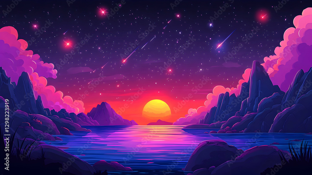 Fototapeta premium Sunset, meteor shower over vibrant mountainscape
