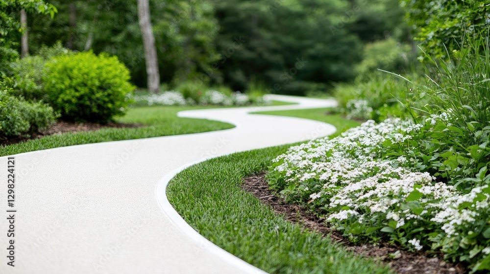 Fototapeta premium Winding path through landscaped garden, serene outdoor space, ideal for walking or recreation