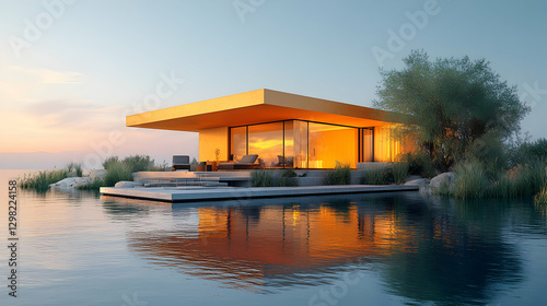 Sunset over minimalist lake house, calm waters