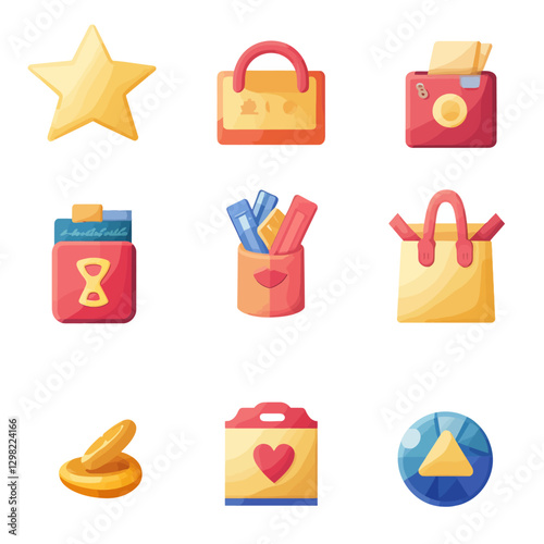 Collection of colorful graphic design icons, including star and coin.